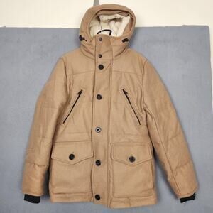 Express Jacket Mens Small Beige Wool Blend Hooded Parka Sherpa Lined Winter